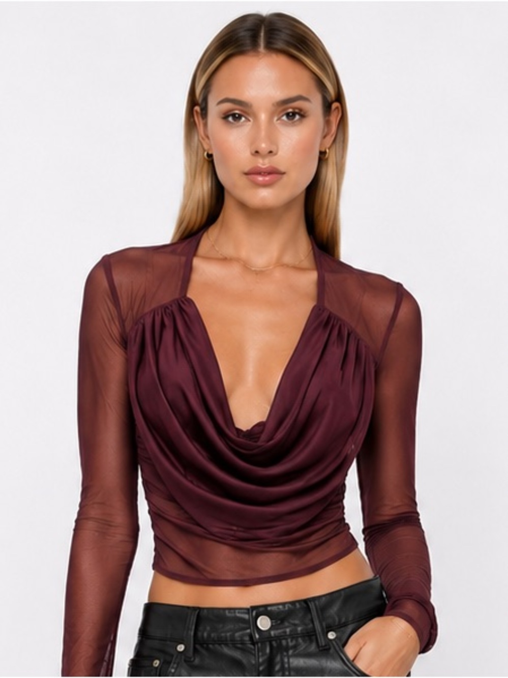 Siren Call Draped Sheer Long Sleeve Top in Wine Burgundy Medium